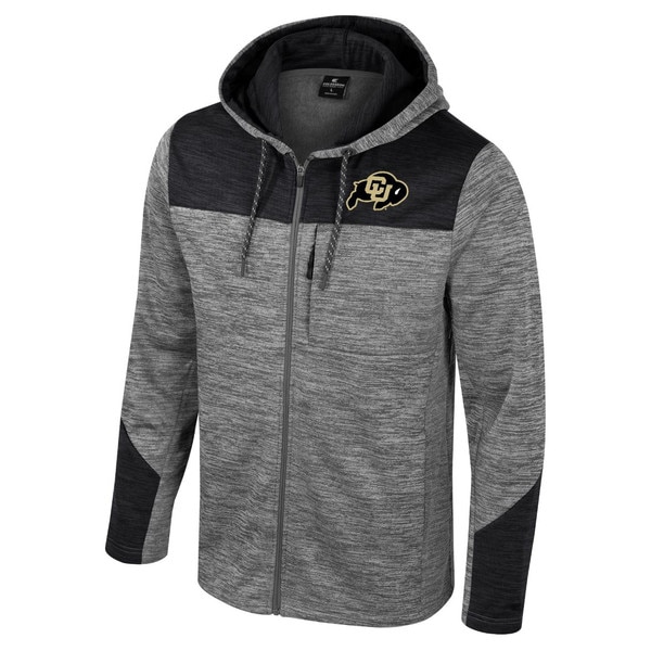 A black gray men's Colosseum full-zip dozer hoodie with C.U buffalo logo, two hand pockets, one chest pocket, and adjustable hood.